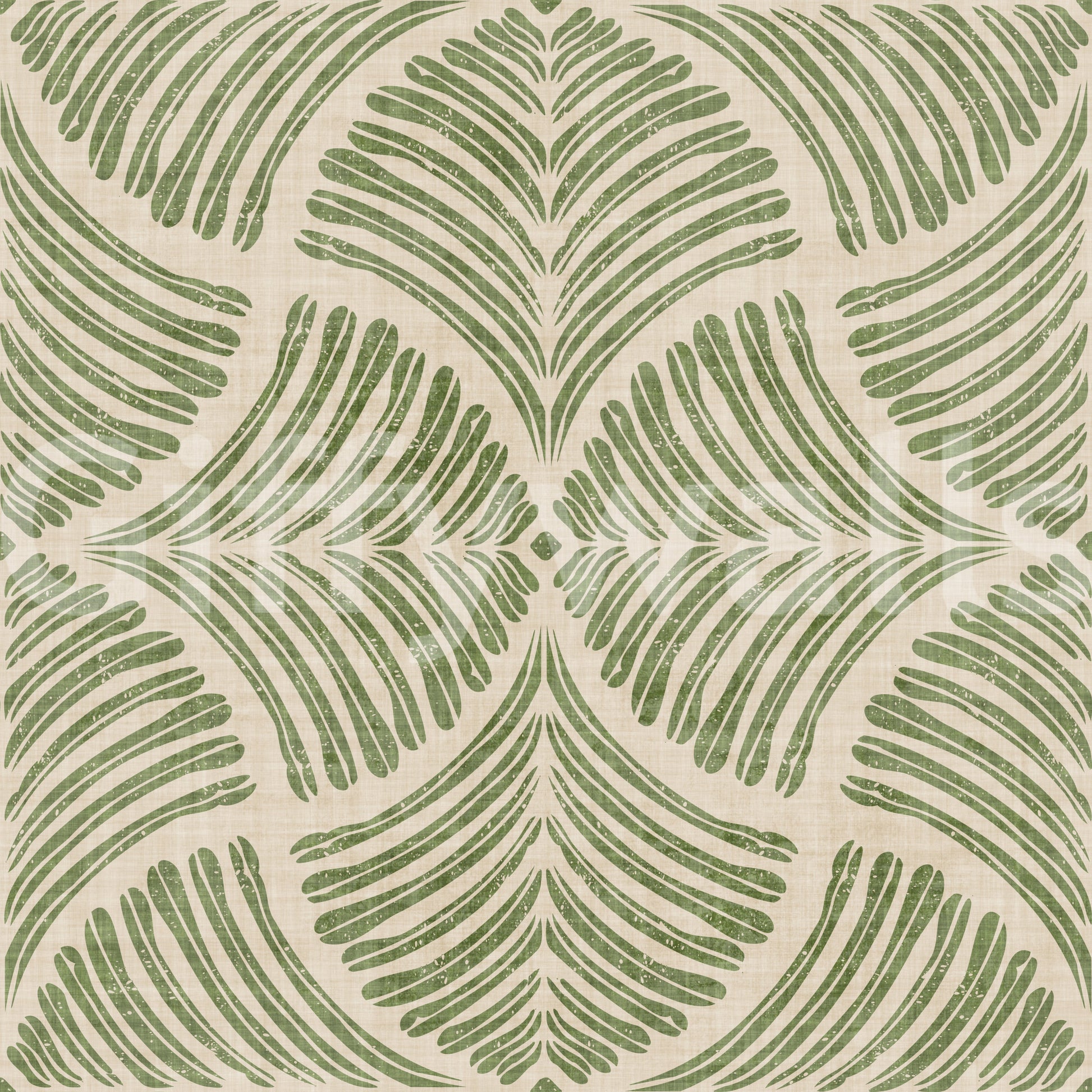 Olive-toned fern shapes branch across this muted green Japandi wallpaper sample., GD9644