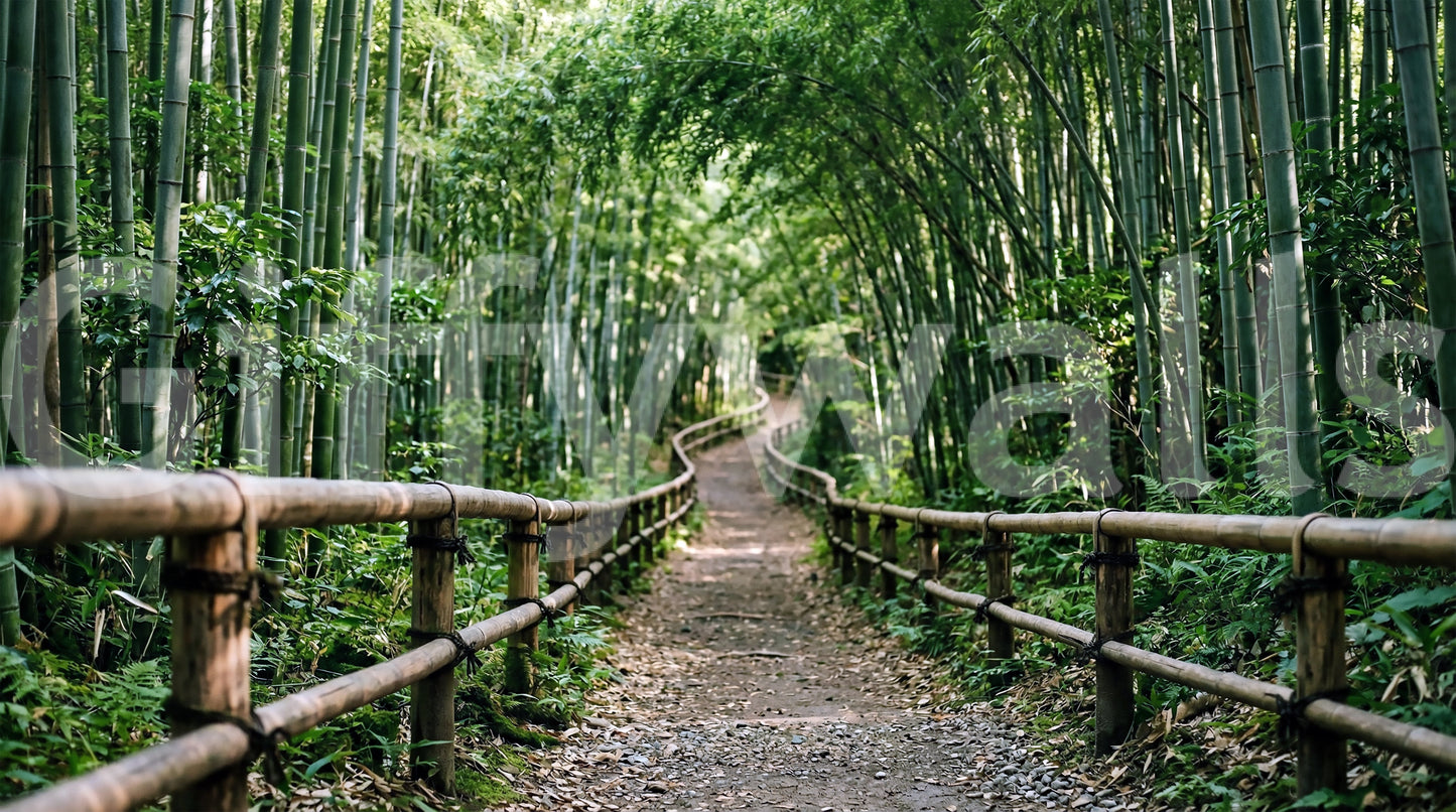 A winding stone path curves through tall bamboo on this calming wall mural.