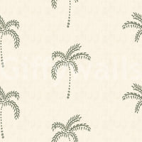 Sketch-style palm fronds dance evenly across this sage tropical wallpaper.