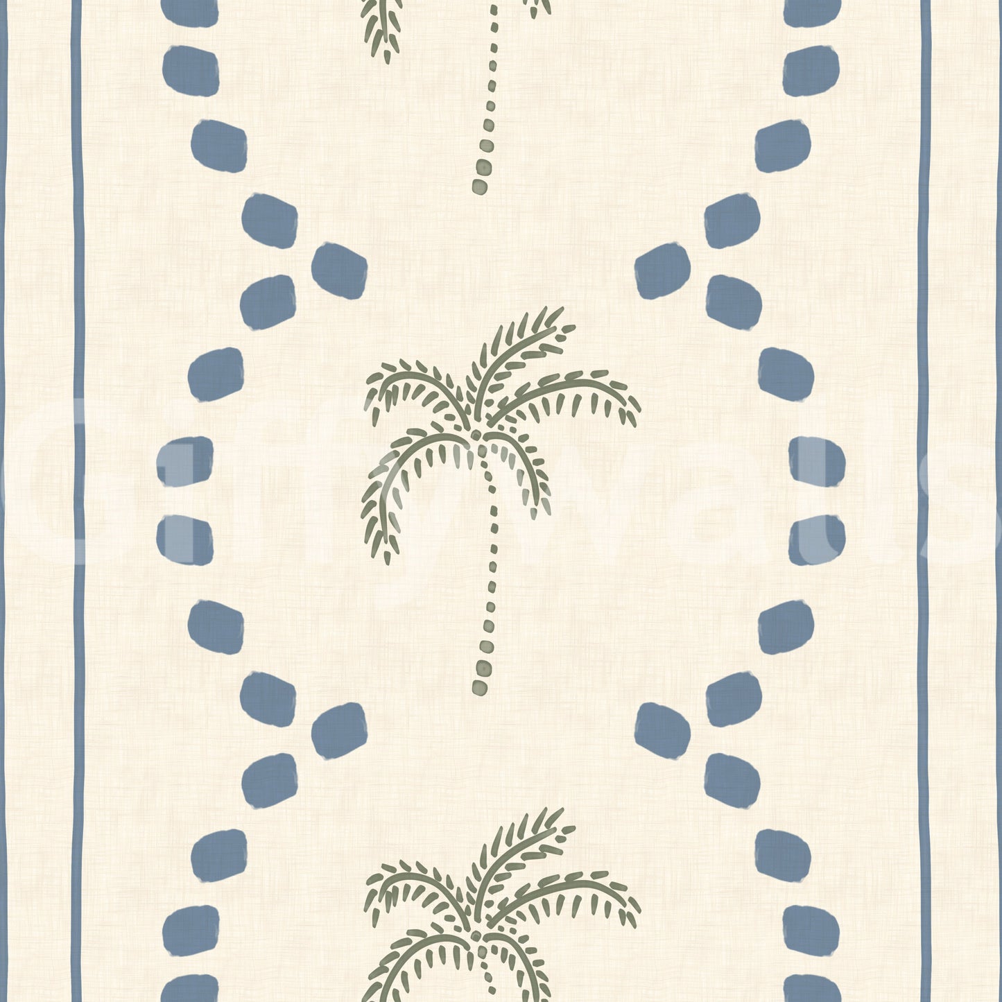 Vertical slate stripes mark the edges of this sage palm tree wallpaper rhythm.