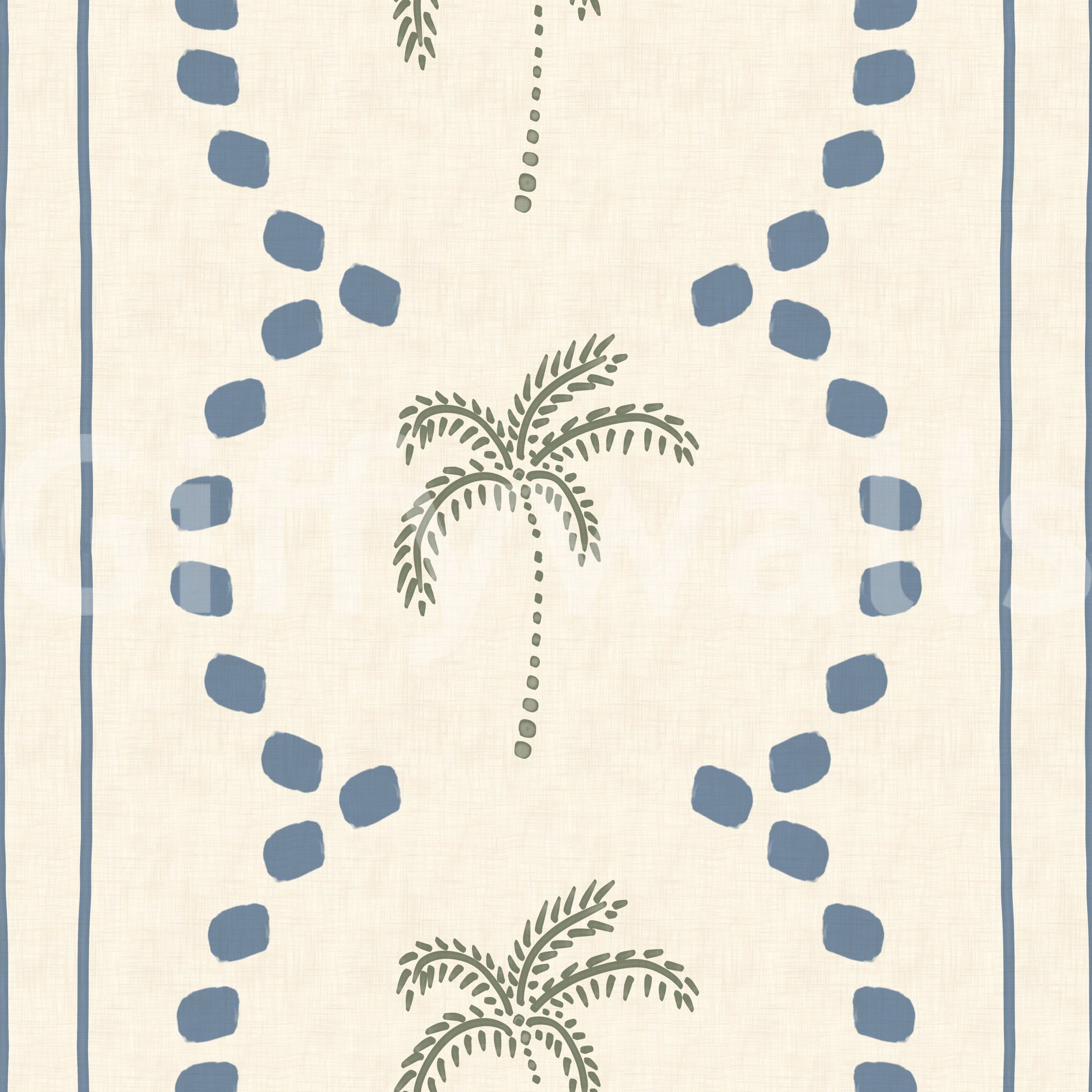 Vertical slate stripes mark the edges of this sage palm tree wallpaper rhythm.