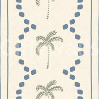 Vertical slate stripes mark the edges of this sage palm tree wallpaper rhythm.