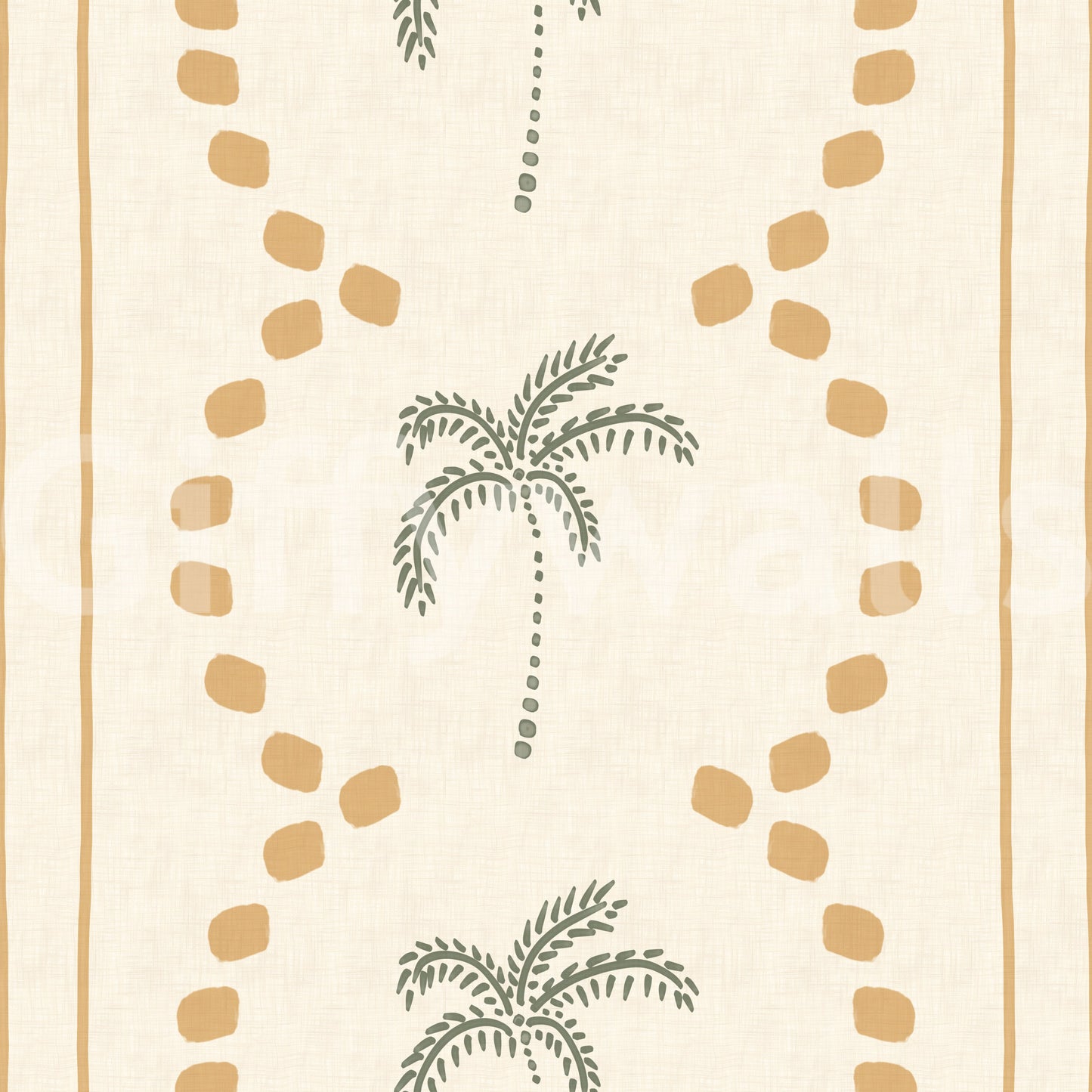 Mustard-yellow vertical bands climb past sage palm motifs on this wallpaper., GD9652