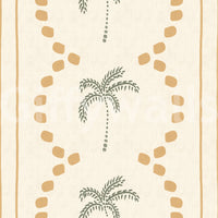 Mustard-yellow vertical bands climb past sage palm motifs on this wallpaper., GD9652