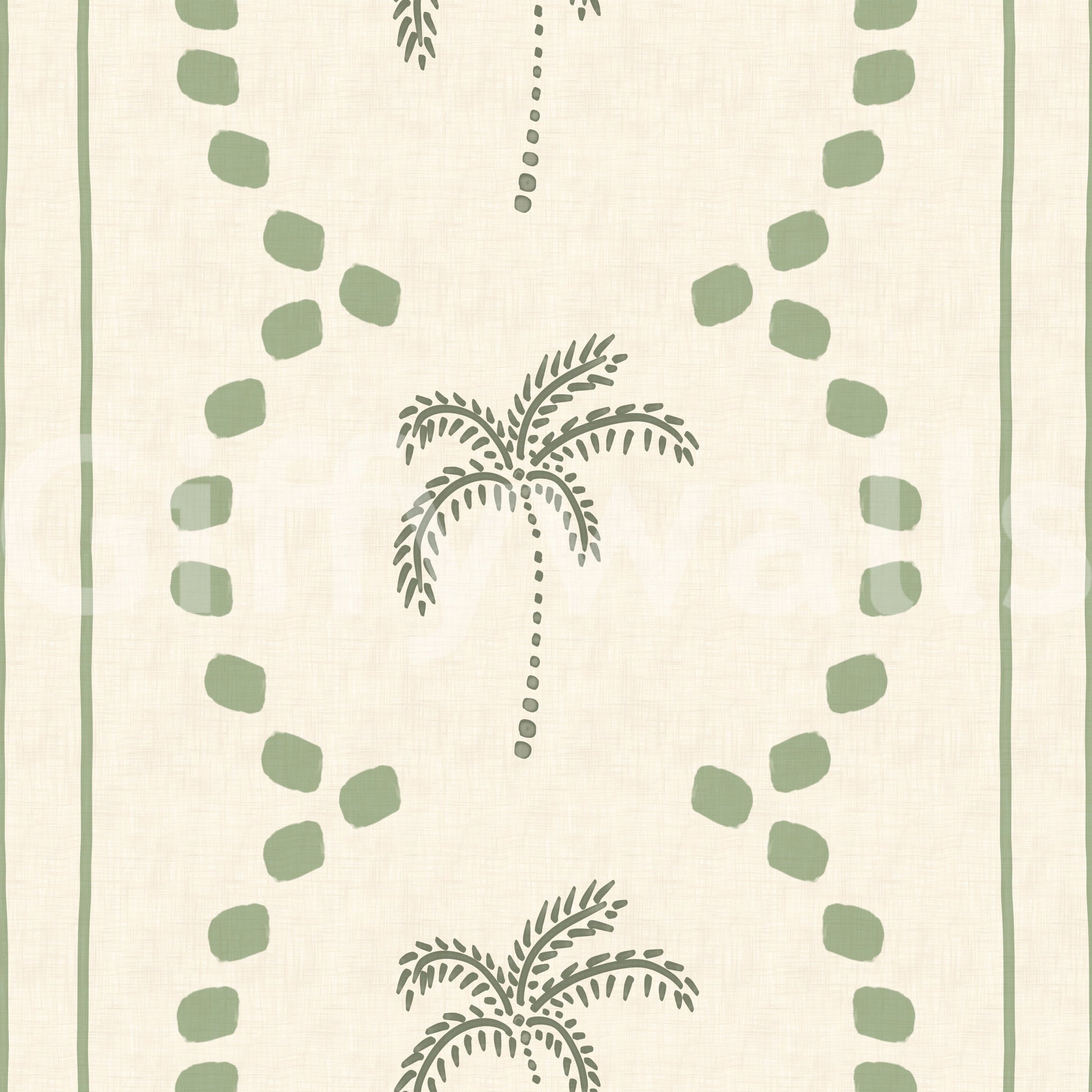 Loose brush strokes shape each palm motif on this sage green wallpaper.