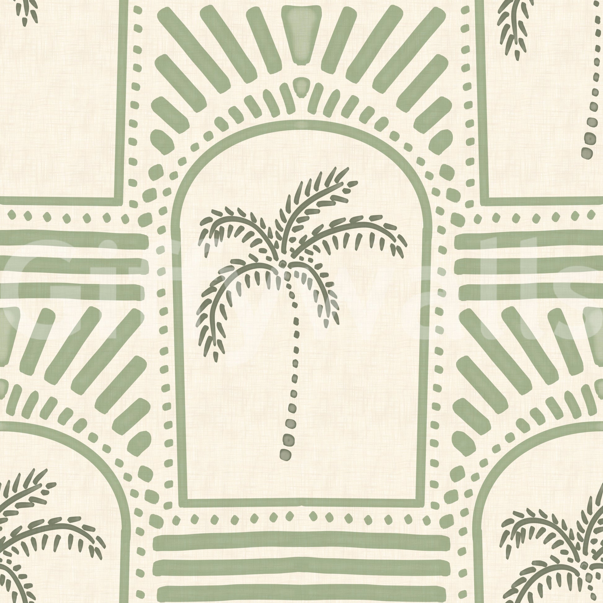 Visible cream linen weave beneath sage Deco arches and palm centres on this wallpaper., GD9654