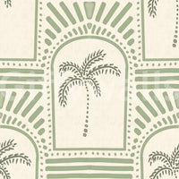 Visible cream linen weave beneath sage Deco arches and palm centres on this wallpaper., GD9654