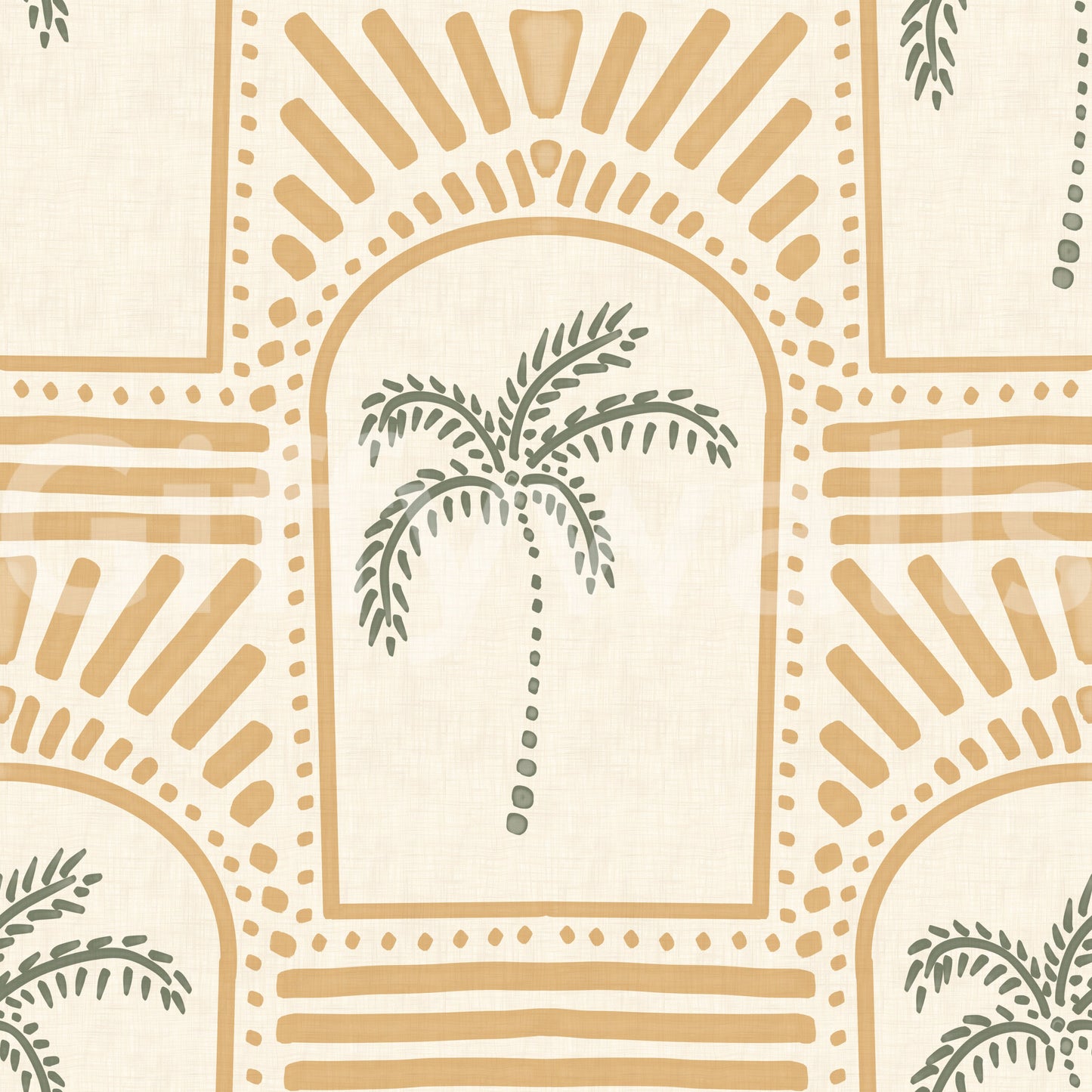 Background cream linen behind honey-sand arches and sage palms on this Deco wallpaper.