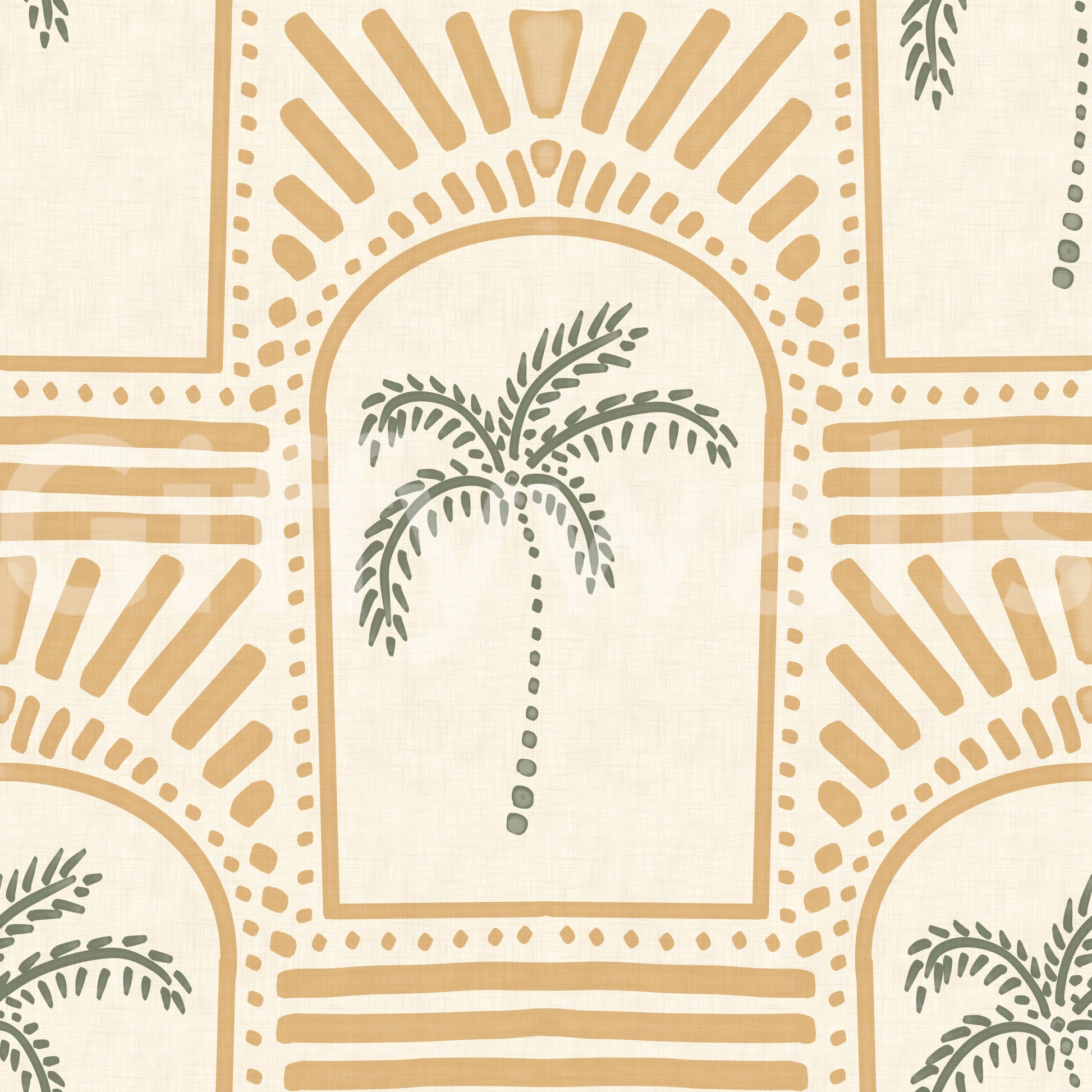 Background cream linen behind honey-sand arches and sage palms on this Deco wallpaper.