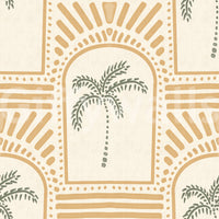 Background cream linen behind honey-sand arches and sage palms on this Deco wallpaper.