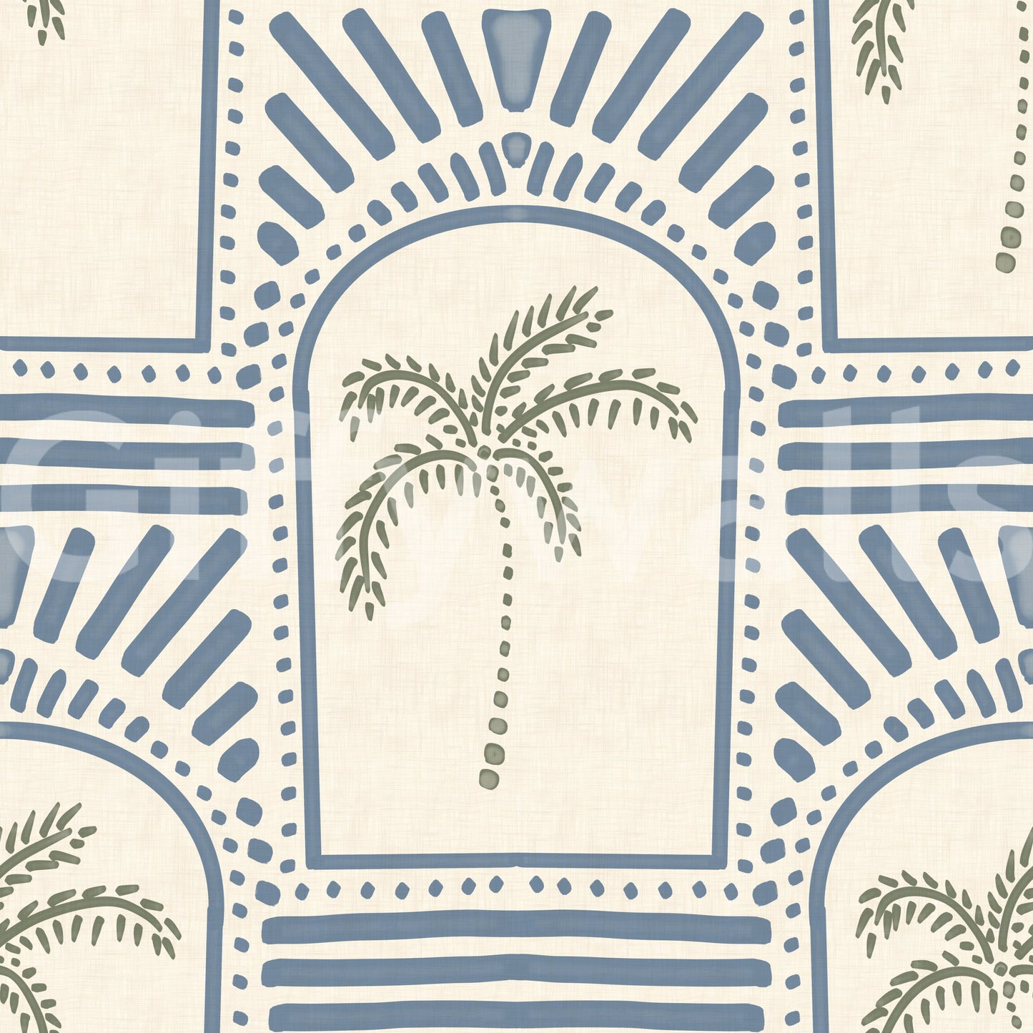 Dotted curves line every slate blue arch on this Deco palm wallpaper, sage palms inside.