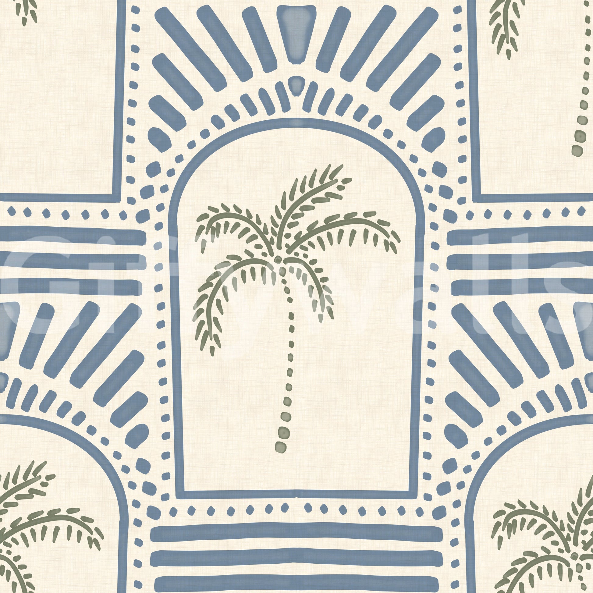 Dotted curves line every slate blue arch on this Deco palm wallpaper, sage palms inside.
