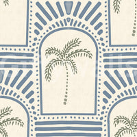 Dotted curves line every slate blue arch on this Deco palm wallpaper, sage palms inside.