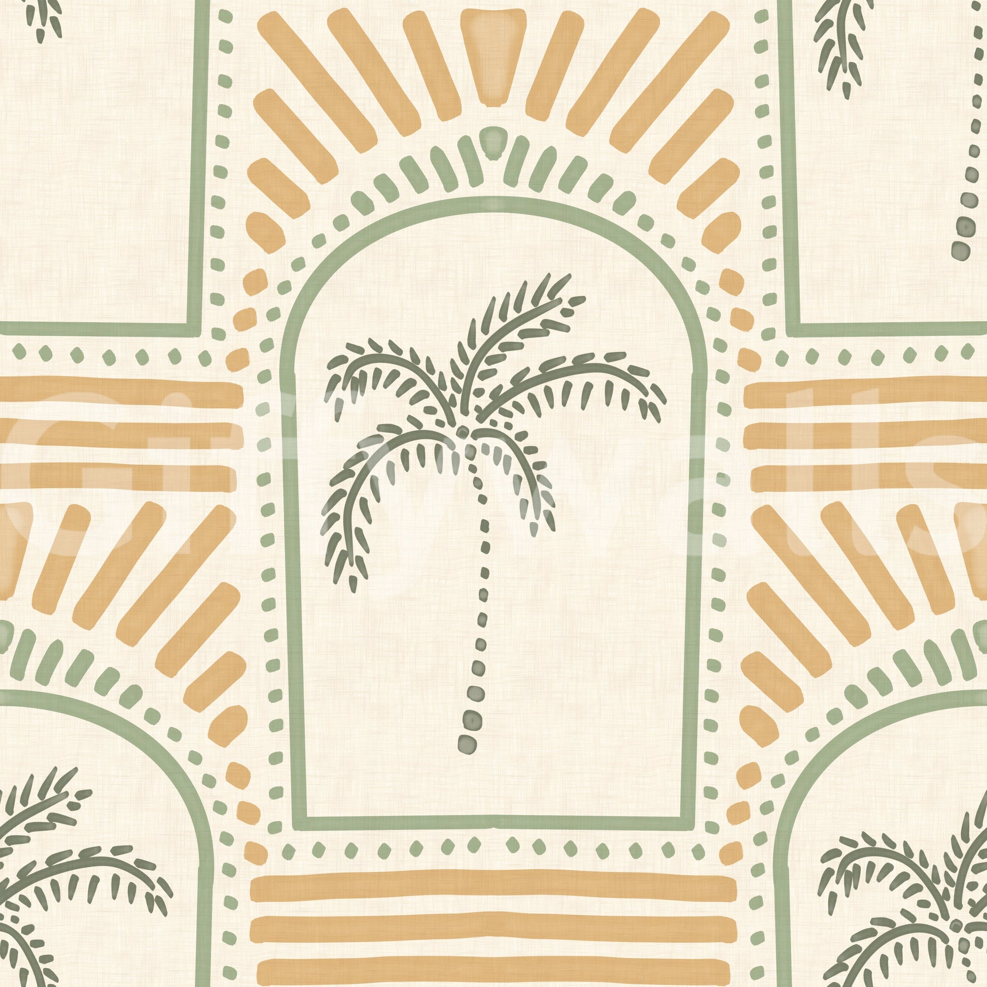 Linen cream beneath sage arches and sand rays on this Deco palm wallpaper., GD9657