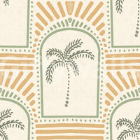 Linen cream beneath sage arches and sand rays on this Deco palm wallpaper., GD9657