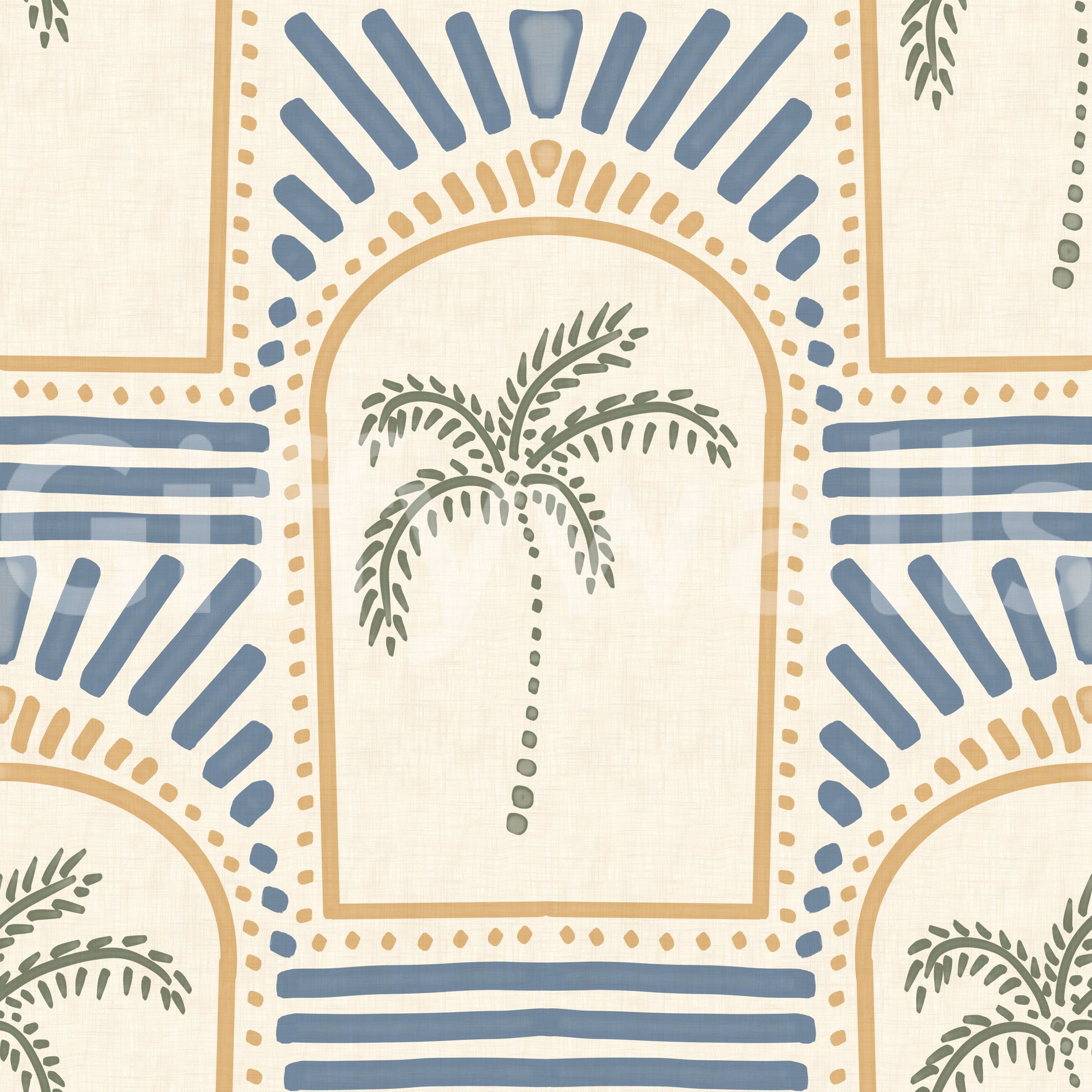 Mixed slate-and-sand dot trails follow each arch curve on this honey palm Deco wallpaper., GD9658