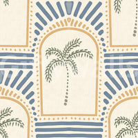 Mixed slate-and-sand dot trails follow each arch curve on this honey palm Deco wallpaper., GD9658