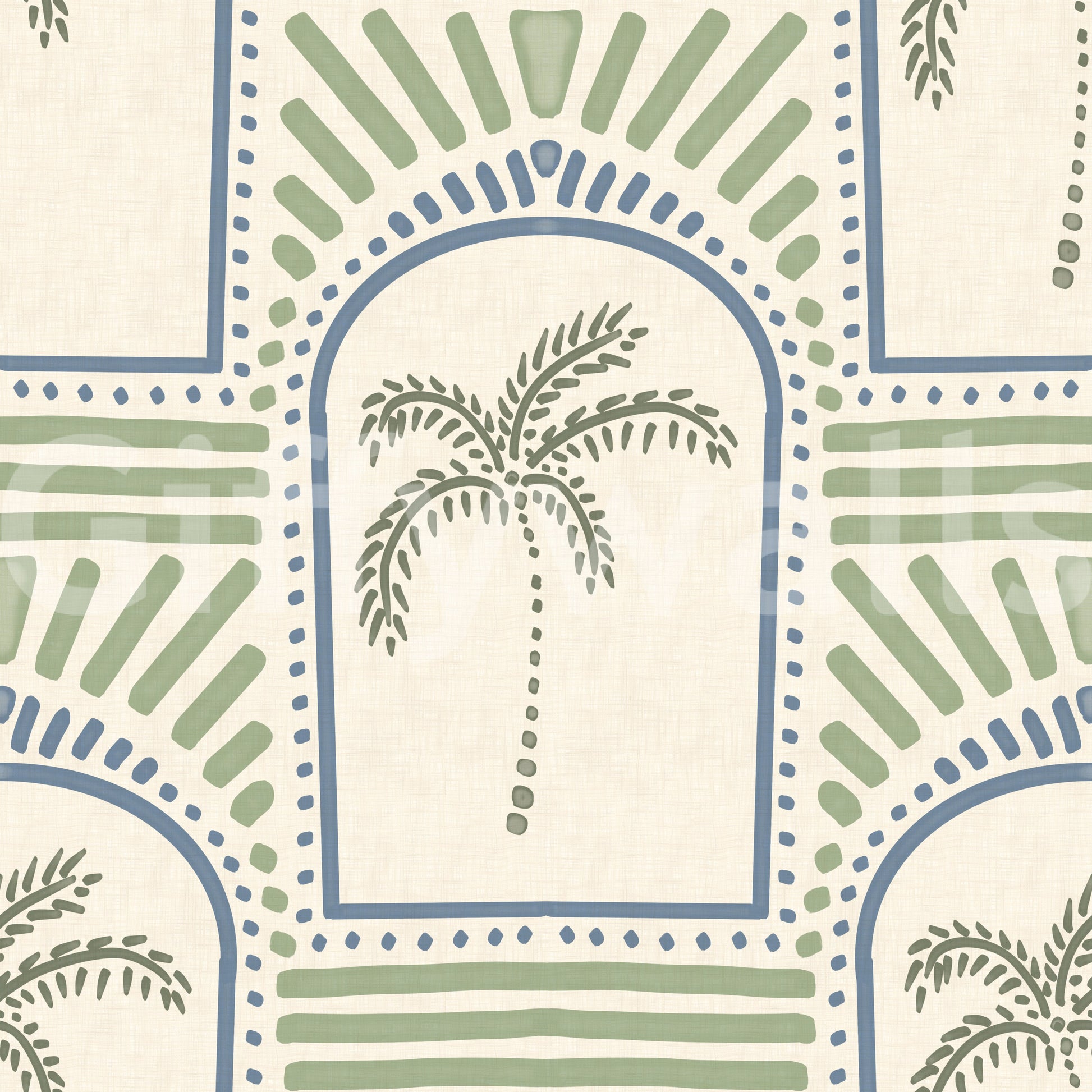 Within each arch a sage palm sits, slate blue dots ring the curve on this Deco wallpaper.
