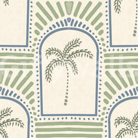 Within each arch a sage palm sits, slate blue dots ring the curve on this Deco wallpaper.