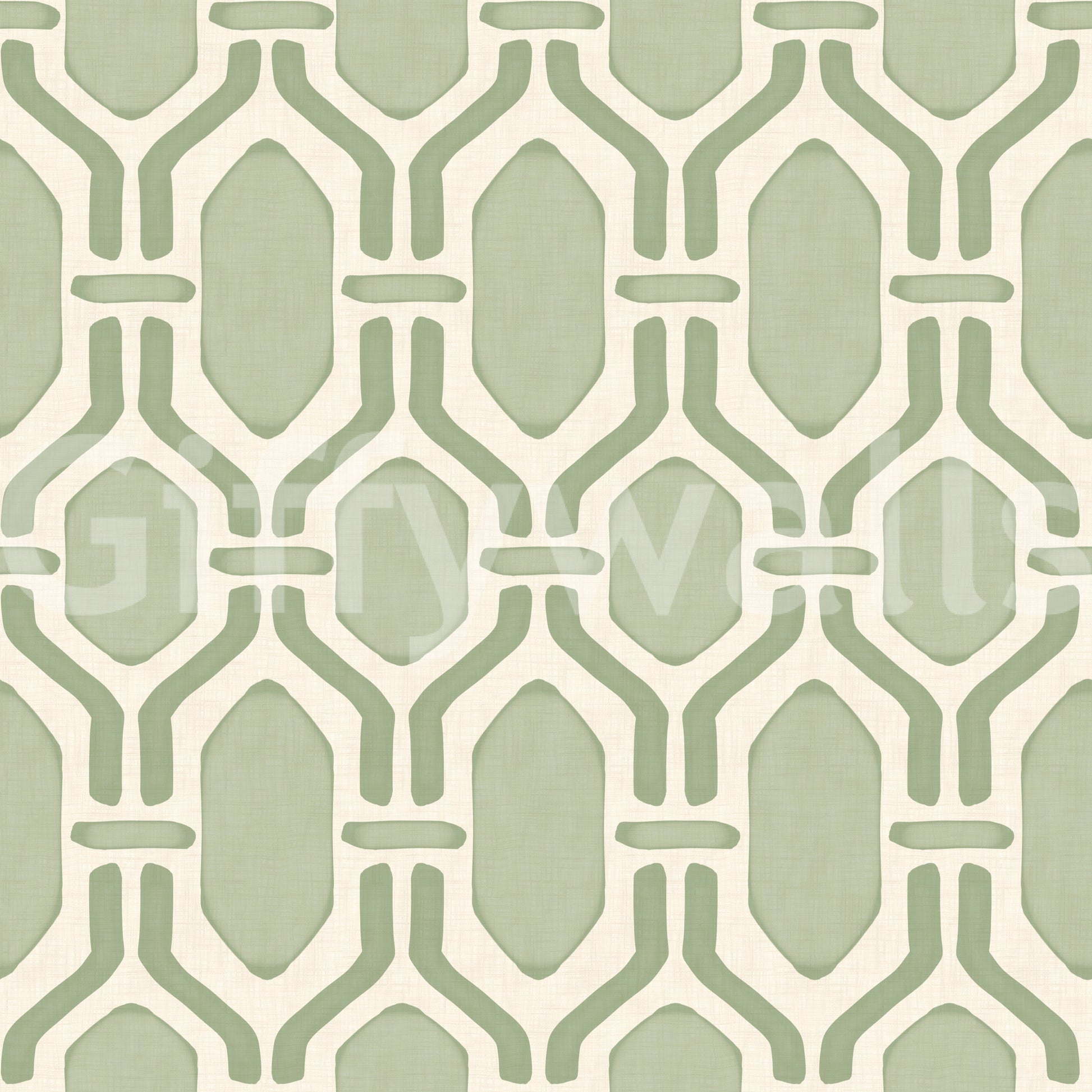 Plain cream linen behind sage Deco trellis wallpaper, hex panels in paler green tone., GD9660