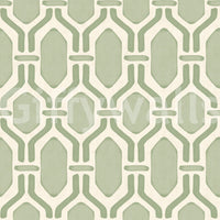 Plain cream linen behind sage Deco trellis wallpaper, hex panels in paler green tone., GD9660