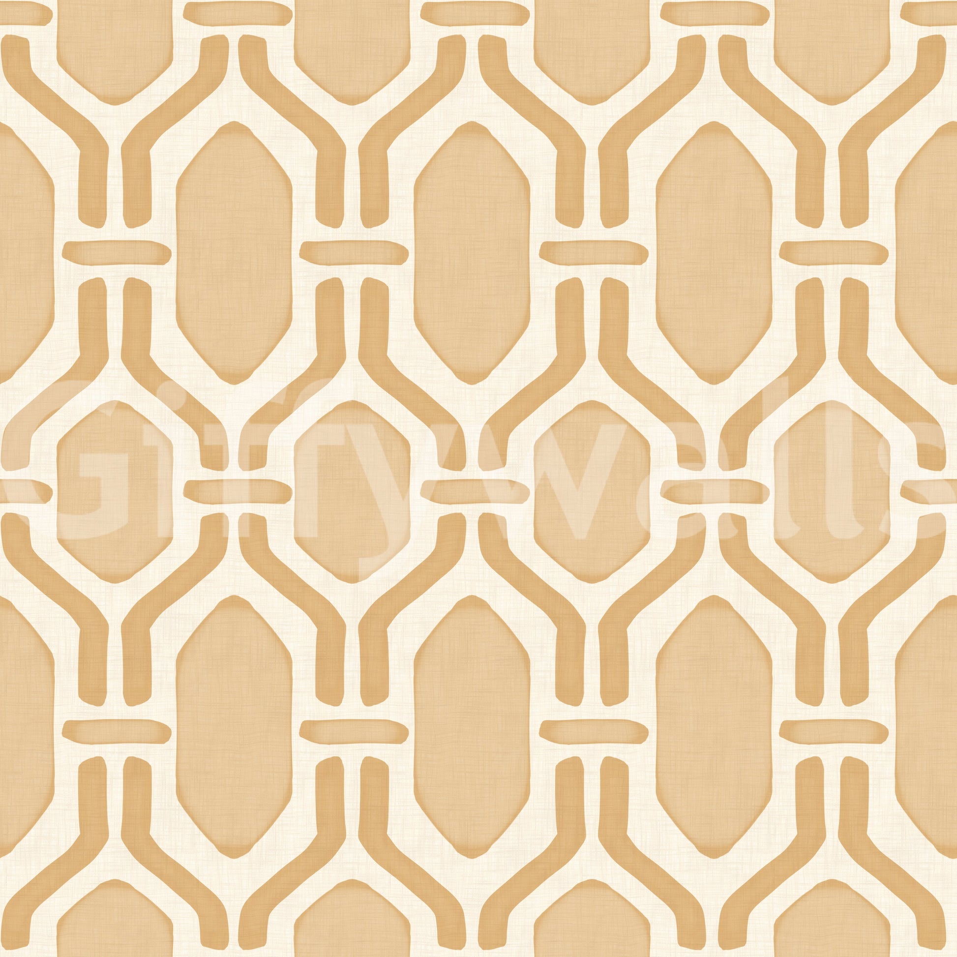 Crop view: hex Deco frames in sand-toned trellis wallpaper, paler centres on cream linen., GD9661