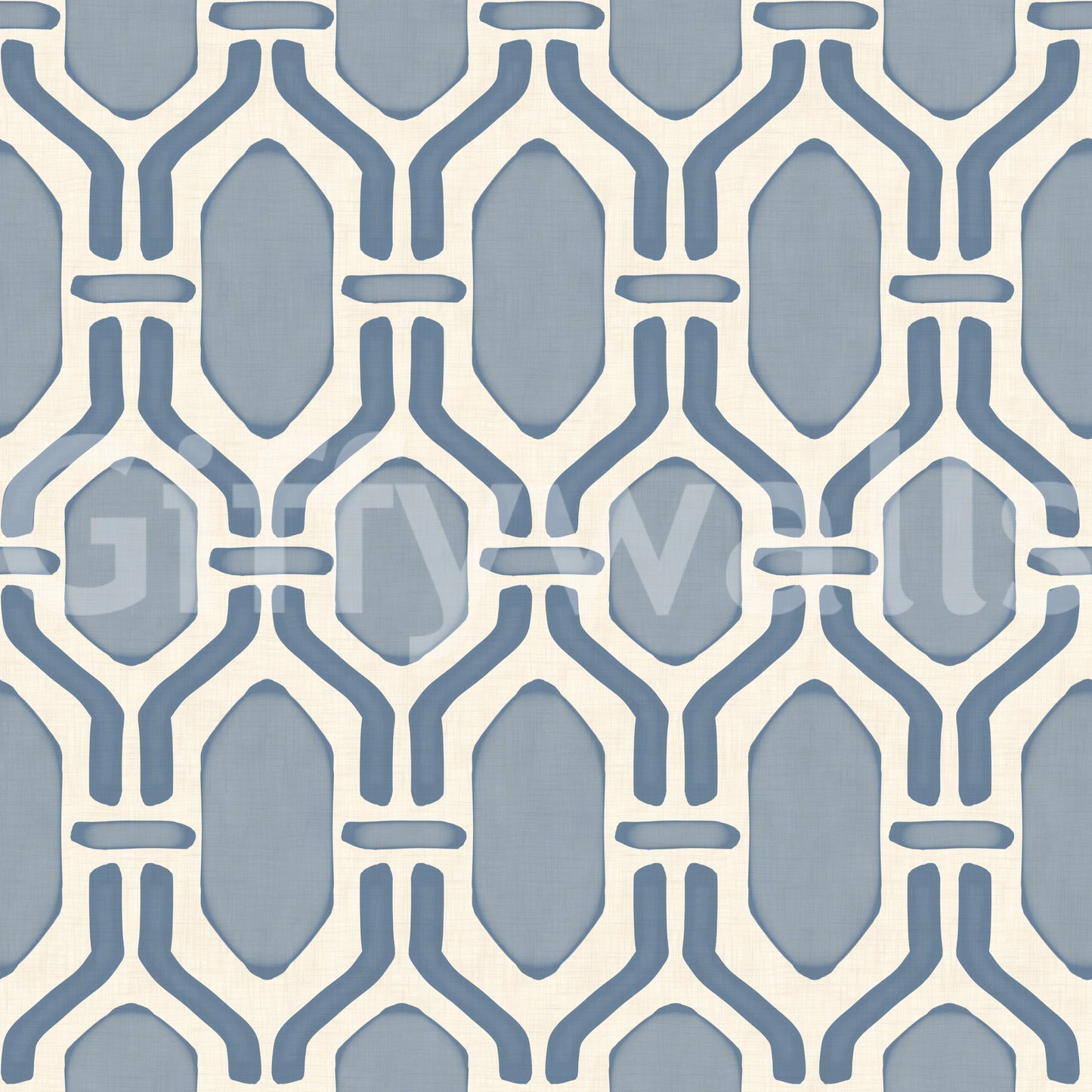 Subtle linen weave under this slate blue Deco trellis wallpaper, hex panels in lighter slate., GD9662