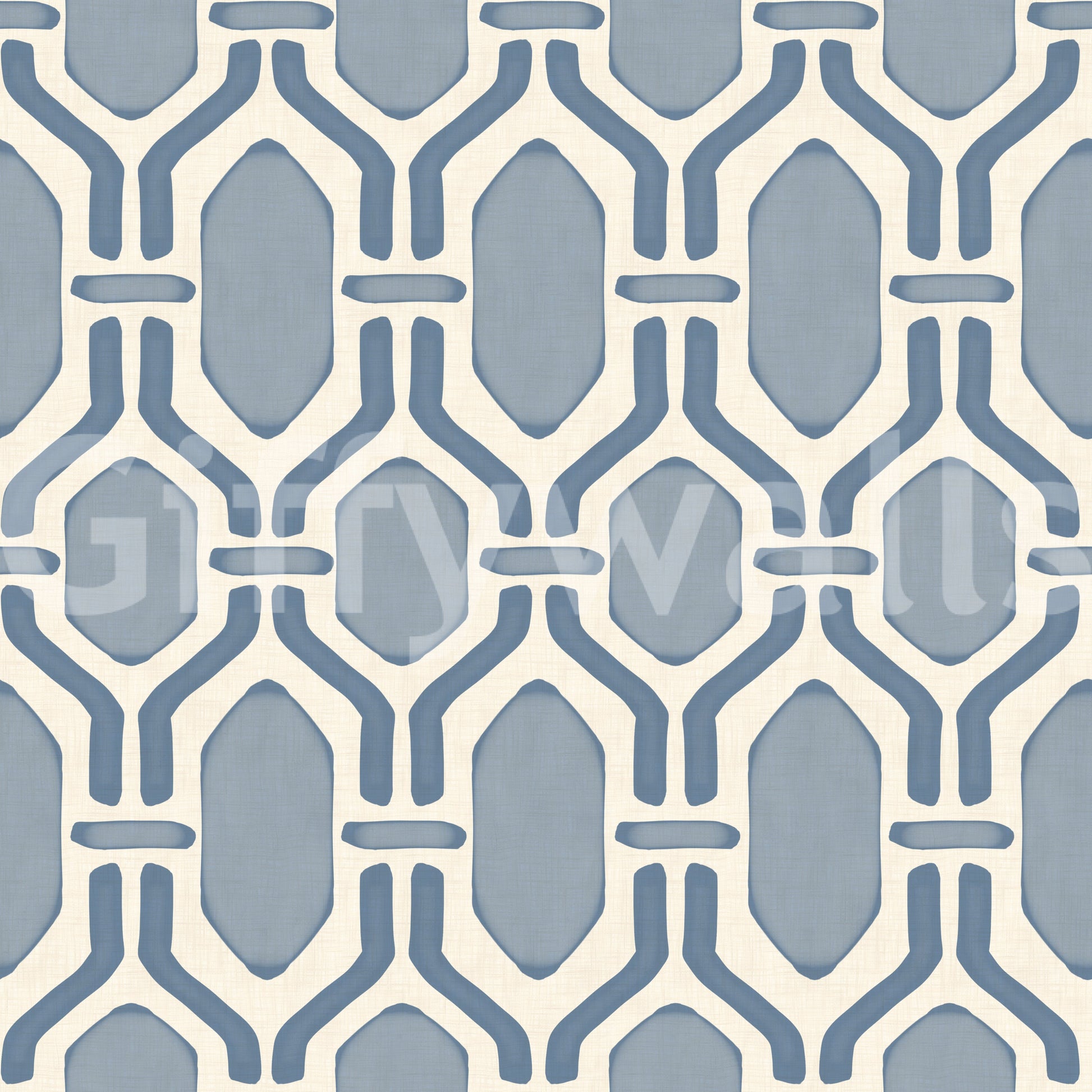Subtle linen weave under this slate blue Deco trellis wallpaper, hex panels in lighter slate., GD9662