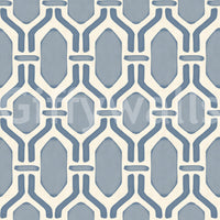 Subtle linen weave under this slate blue Deco trellis wallpaper, hex panels in lighter slate., GD9662