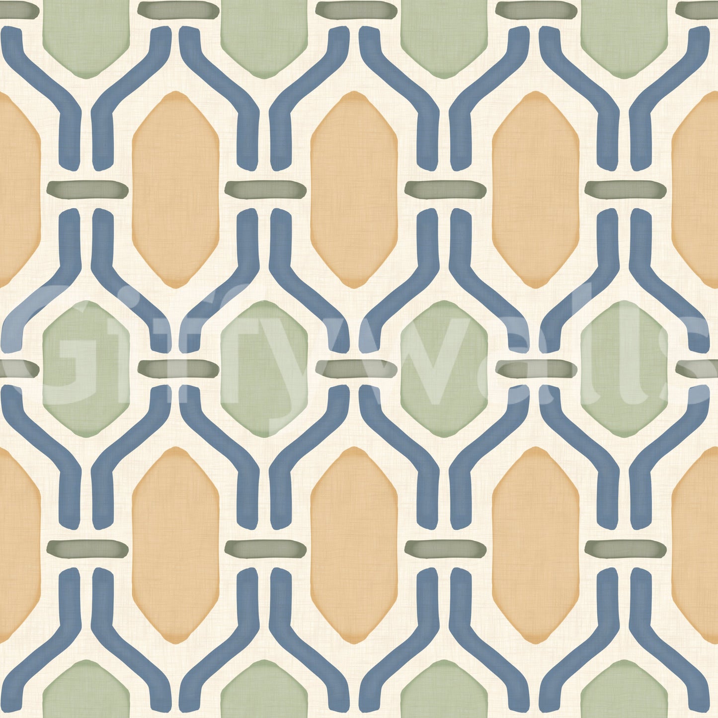 Tilted hexagons in slate blue lattice, gold and sage tiles inside, Deco trellis pattern., GD9663
