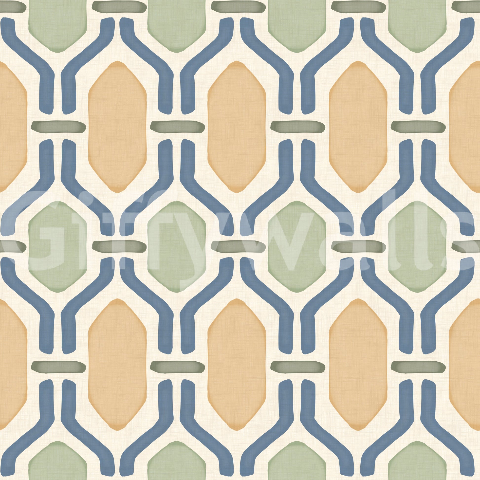 Tilted hexagons in slate blue lattice, gold and sage tiles inside, Deco trellis pattern., GD9663