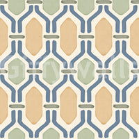 Tilted hexagons in slate blue lattice, gold and sage tiles inside, Deco trellis pattern., GD9663
