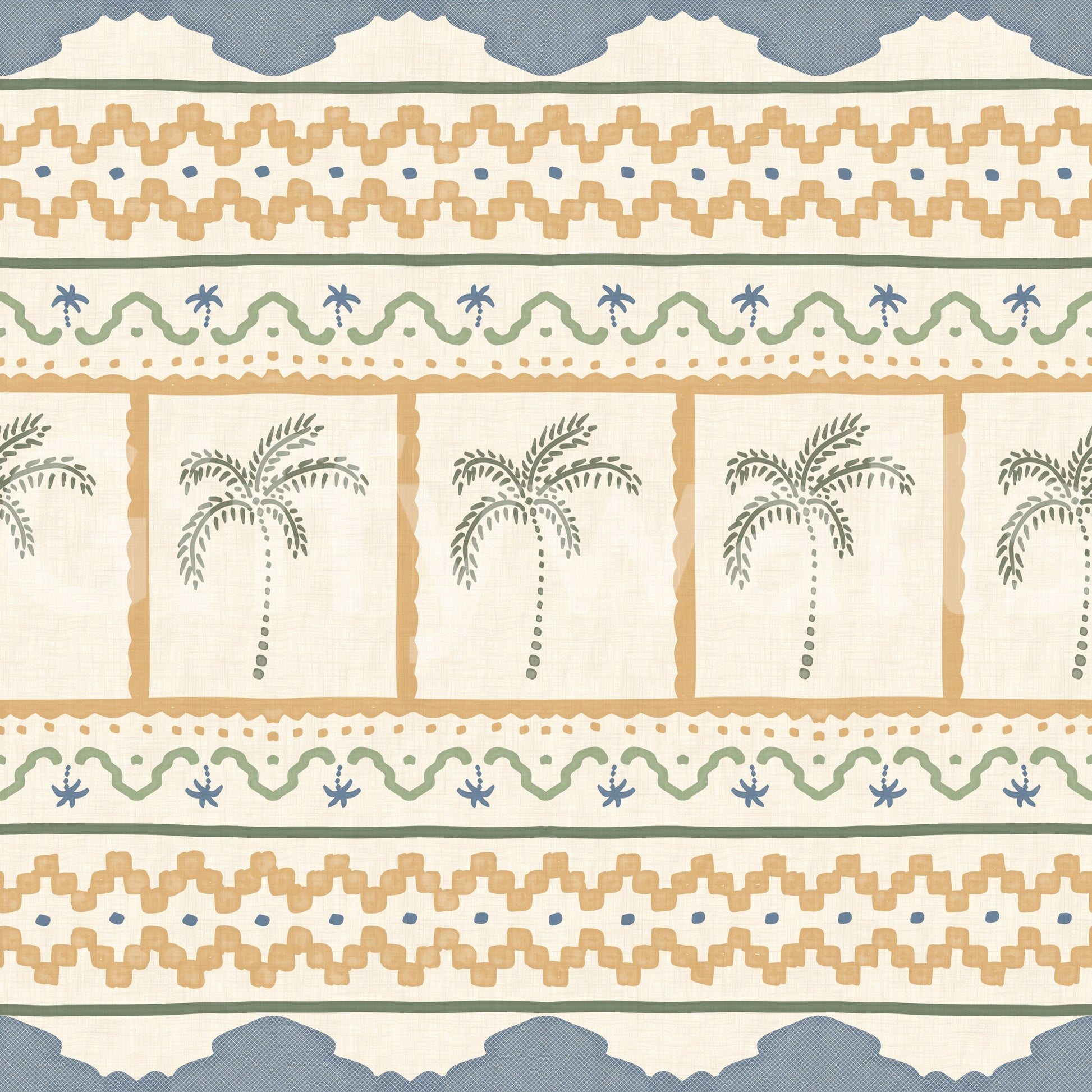 Dot lines and dragonfly motifs sit between mustard zigzags on this Marrakesh wallpaper., GD9665
