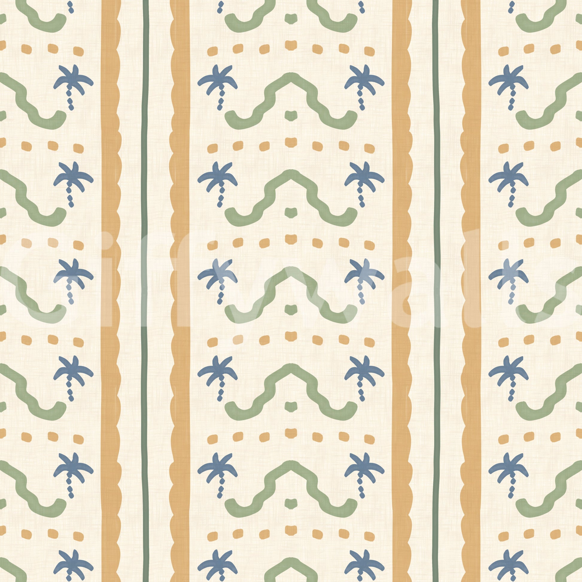 Bands of mustard, scallop, and palm stack neatly within this Marrakesh stripe wallpaper.