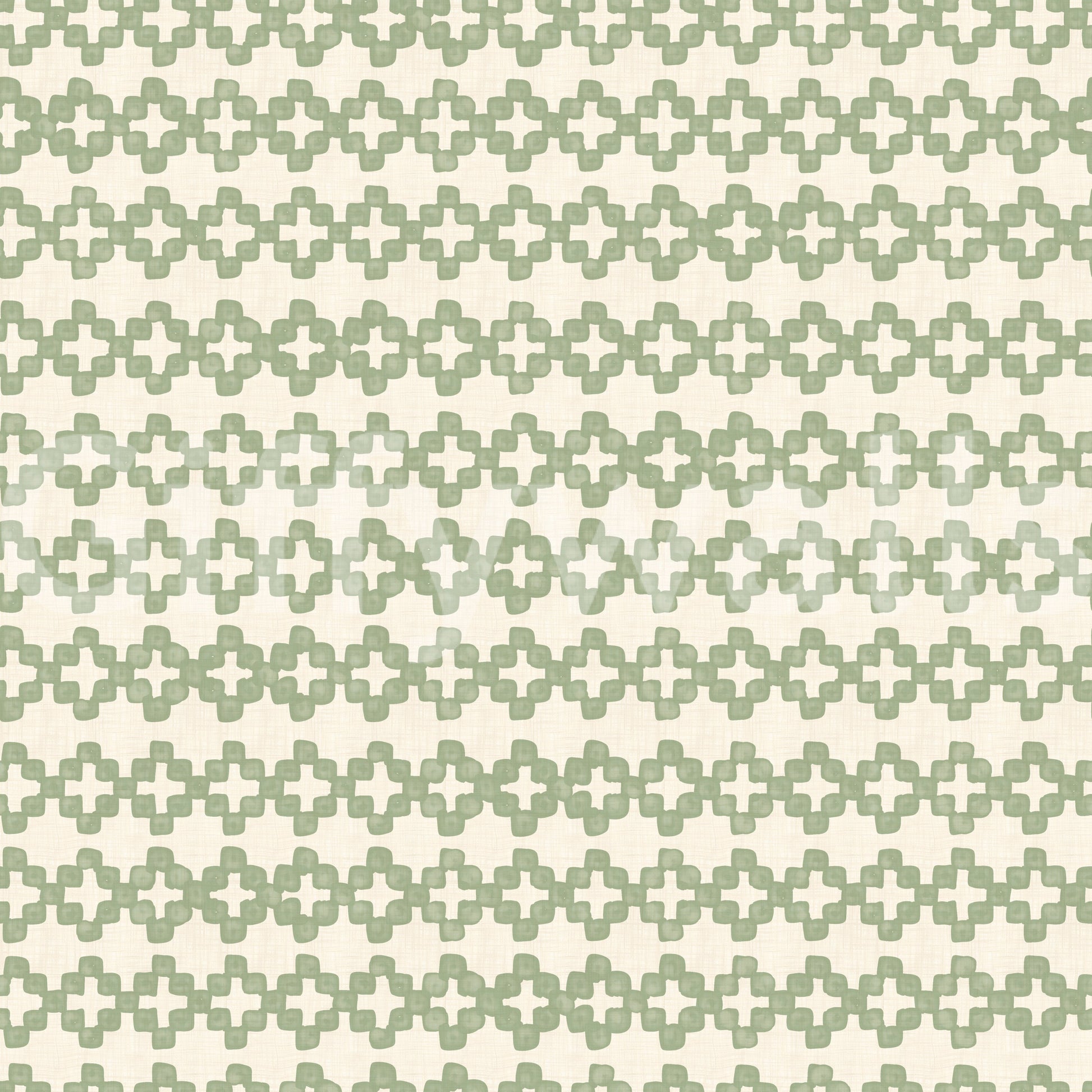 Cross-row geometry of zellige cross wallpaper, coastal green marks on cream linen ground., GD9667