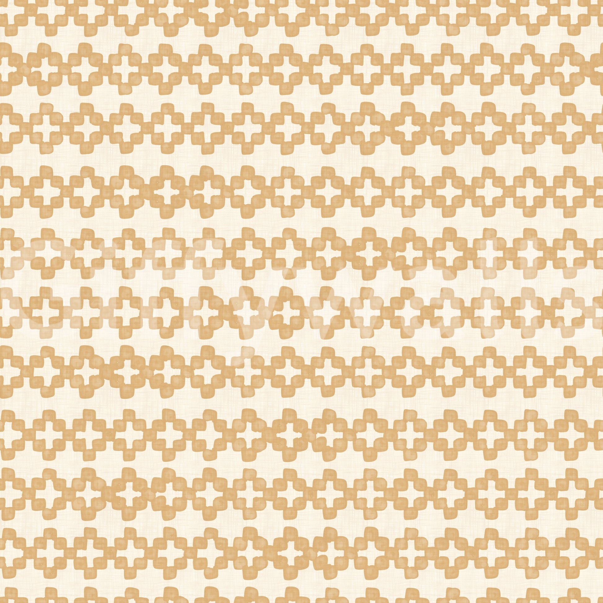 Ornament repeat of warm sand zellige cross wallpaper, tile-row rhythm in close view.