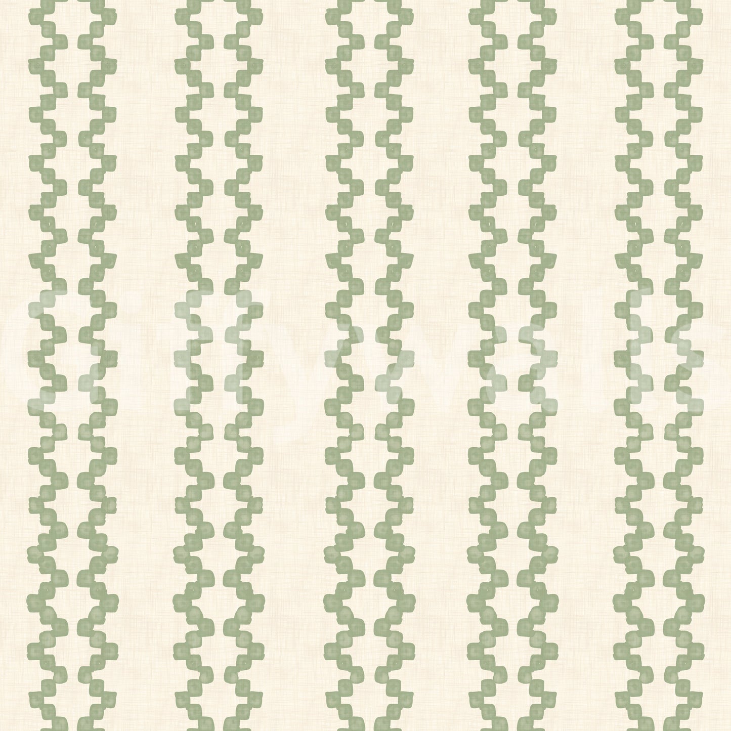 Pattern repeat shows zellige ornament stripes ascending the wallpaper in coastal green., GD9670