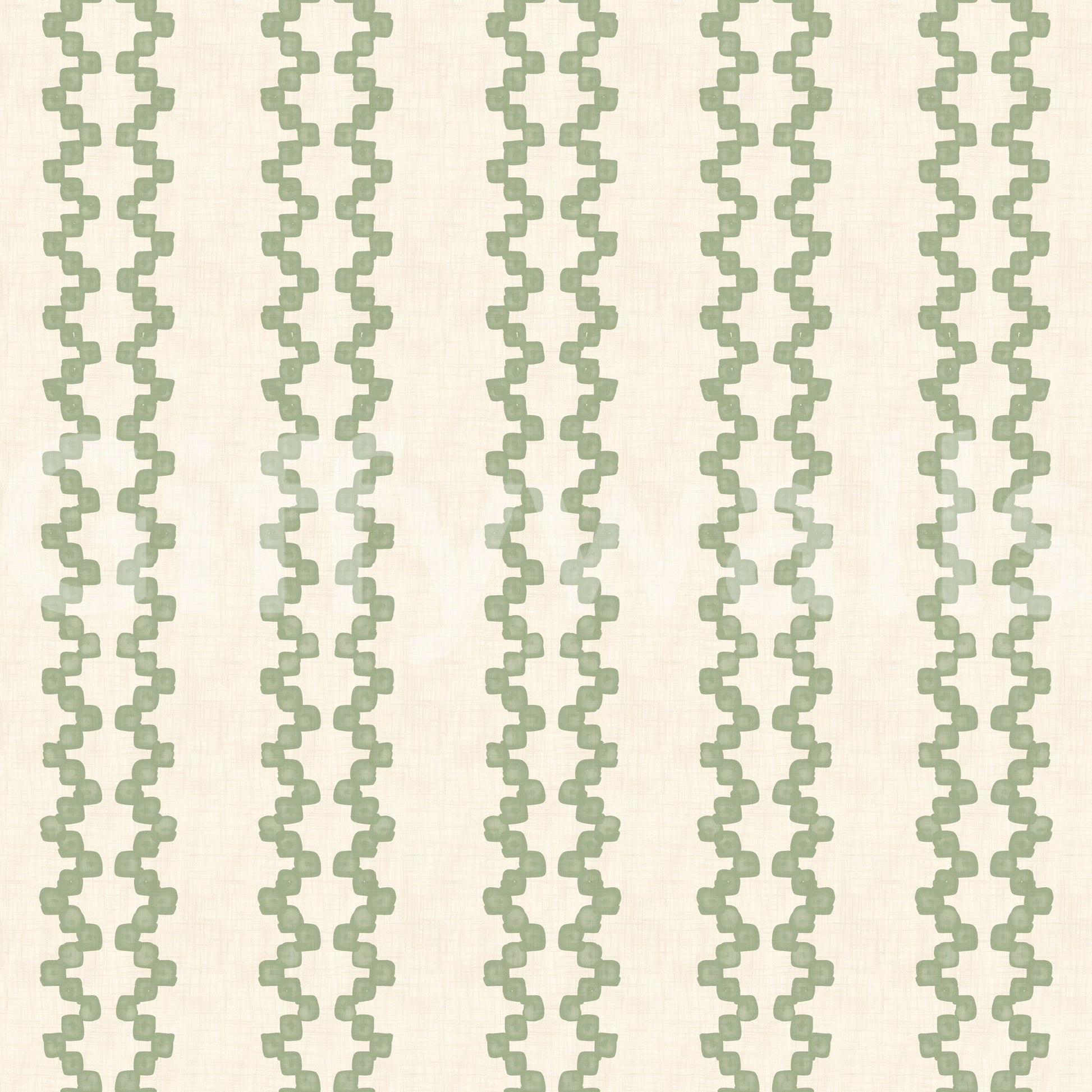 Pattern repeat shows zellige ornament stripes ascending the wallpaper in coastal green., GD9670