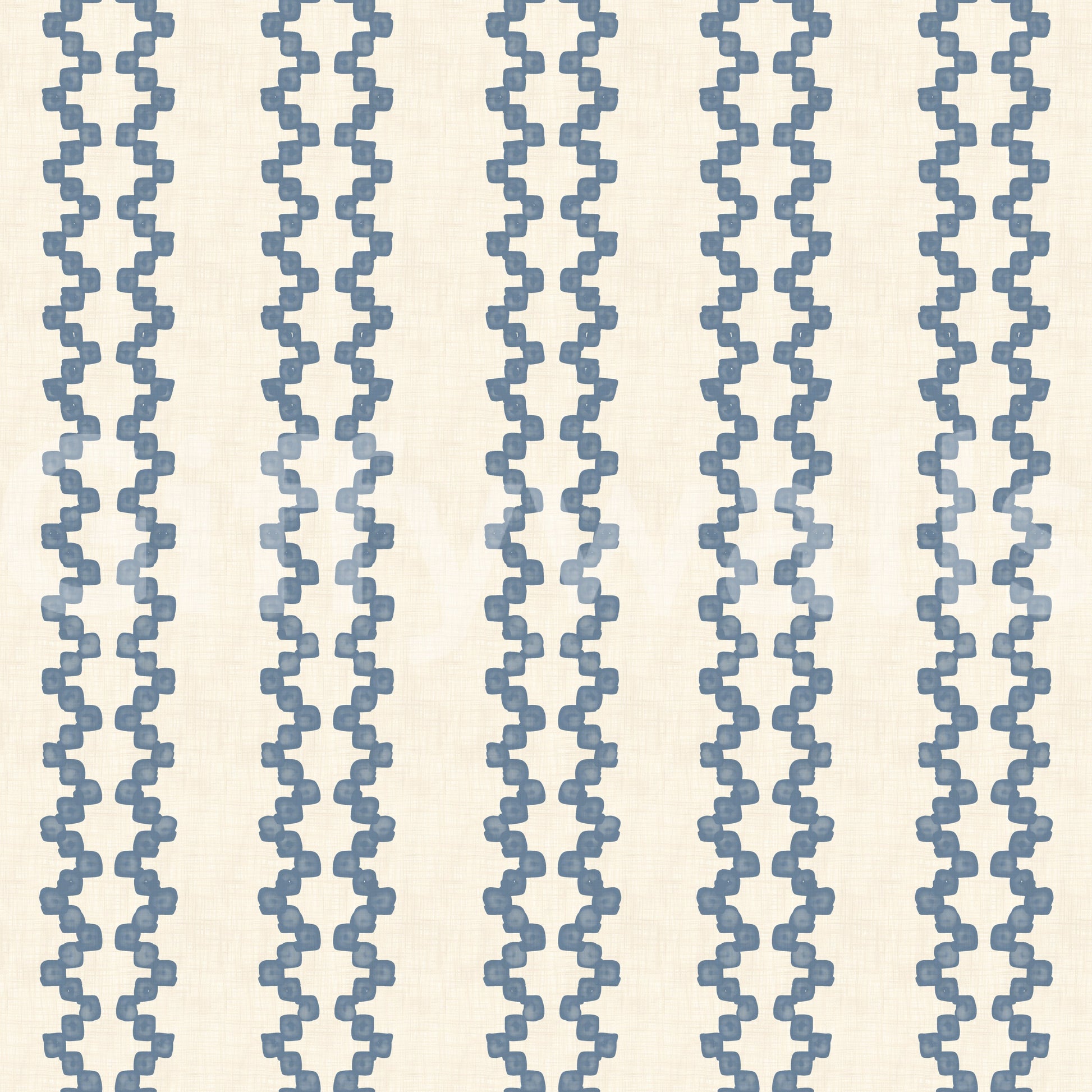 Vertical column motifs of zellige stripe wallpaper, slate blue on warm cream.