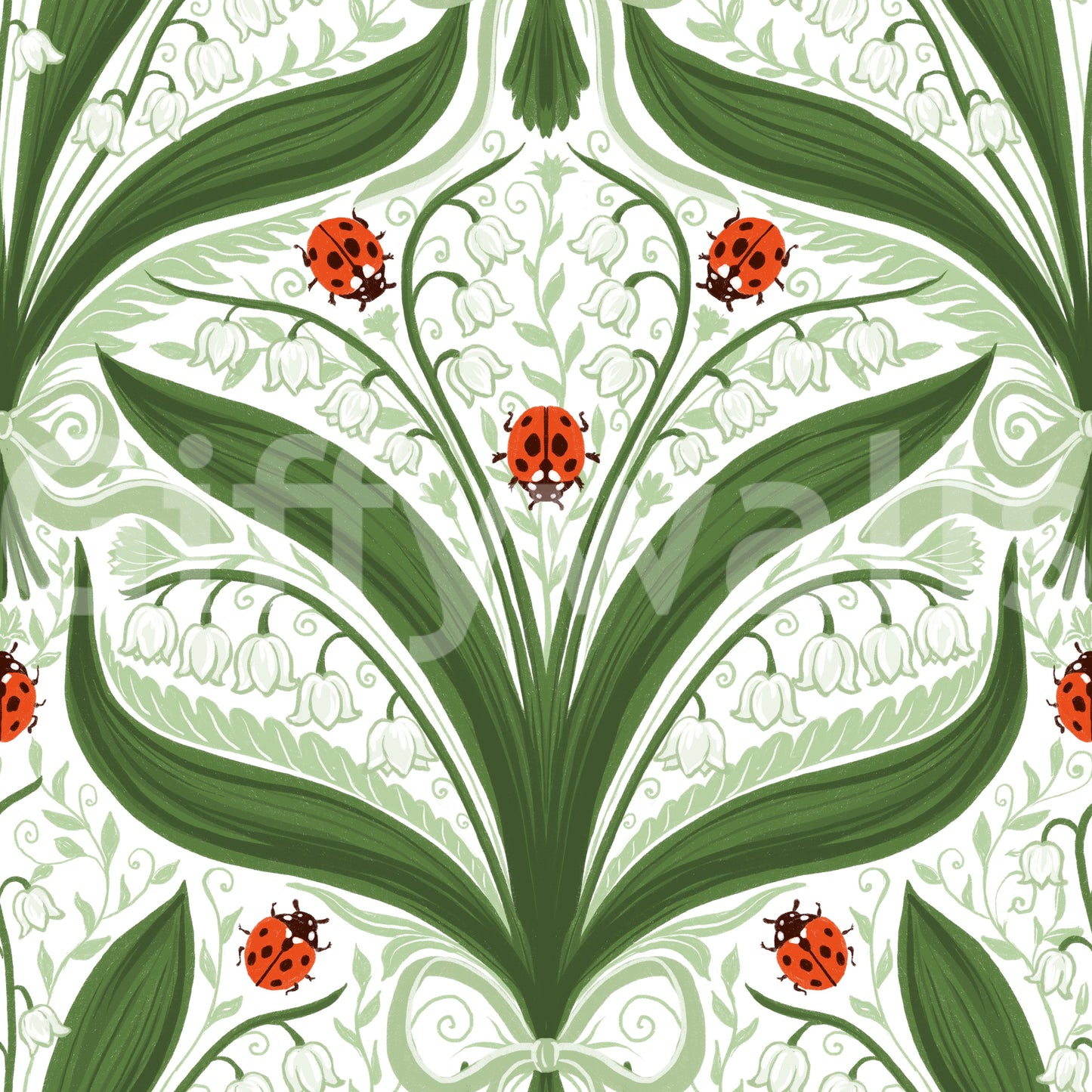 Symmetrical pairs of leaves arch outward from each stem in this lily wallpaper repeat., GD9679