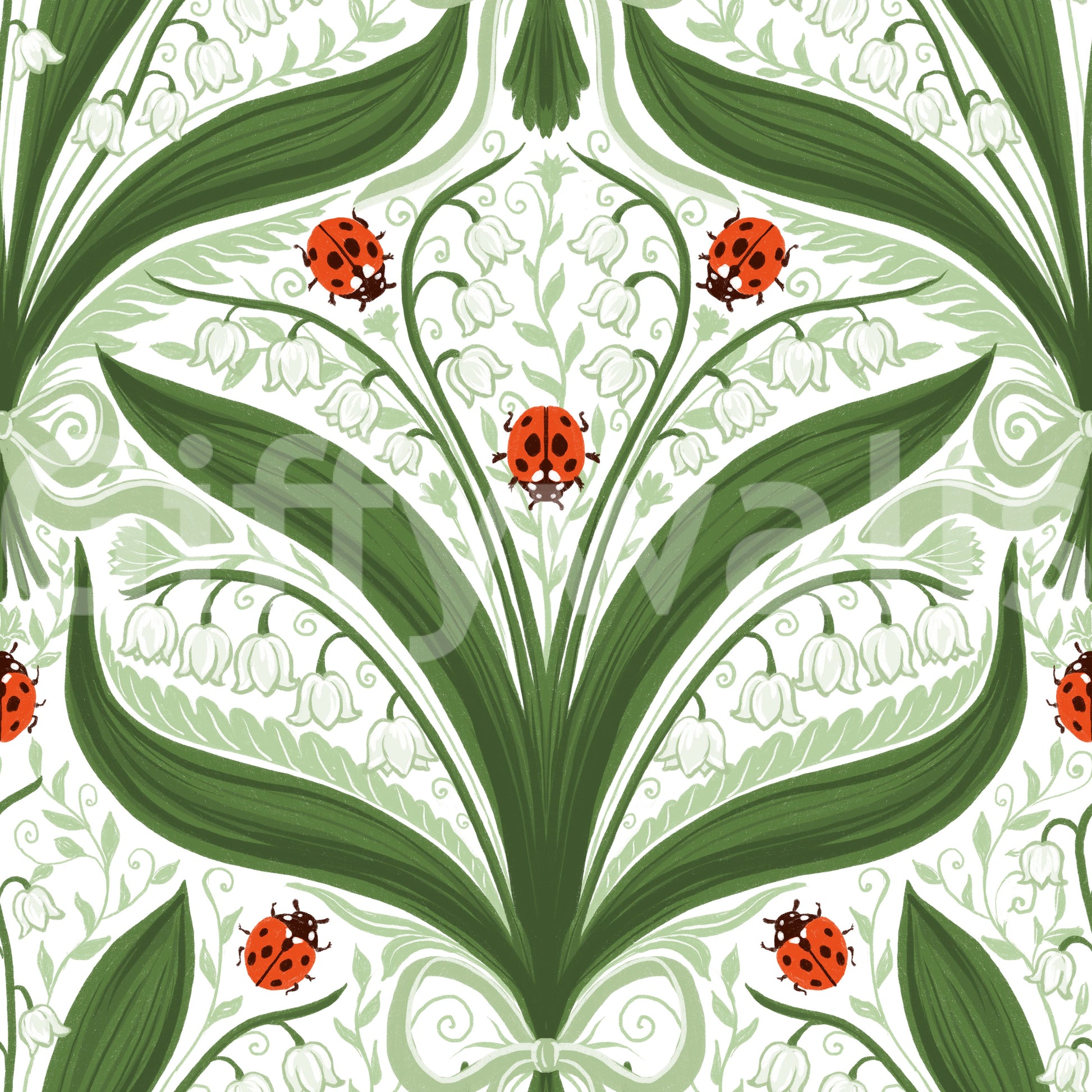 Symmetrical pairs of leaves arch outward from each stem in this lily wallpaper repeat., GD9679