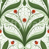 Symmetrical pairs of leaves arch outward from each stem in this lily wallpaper repeat., GD9679