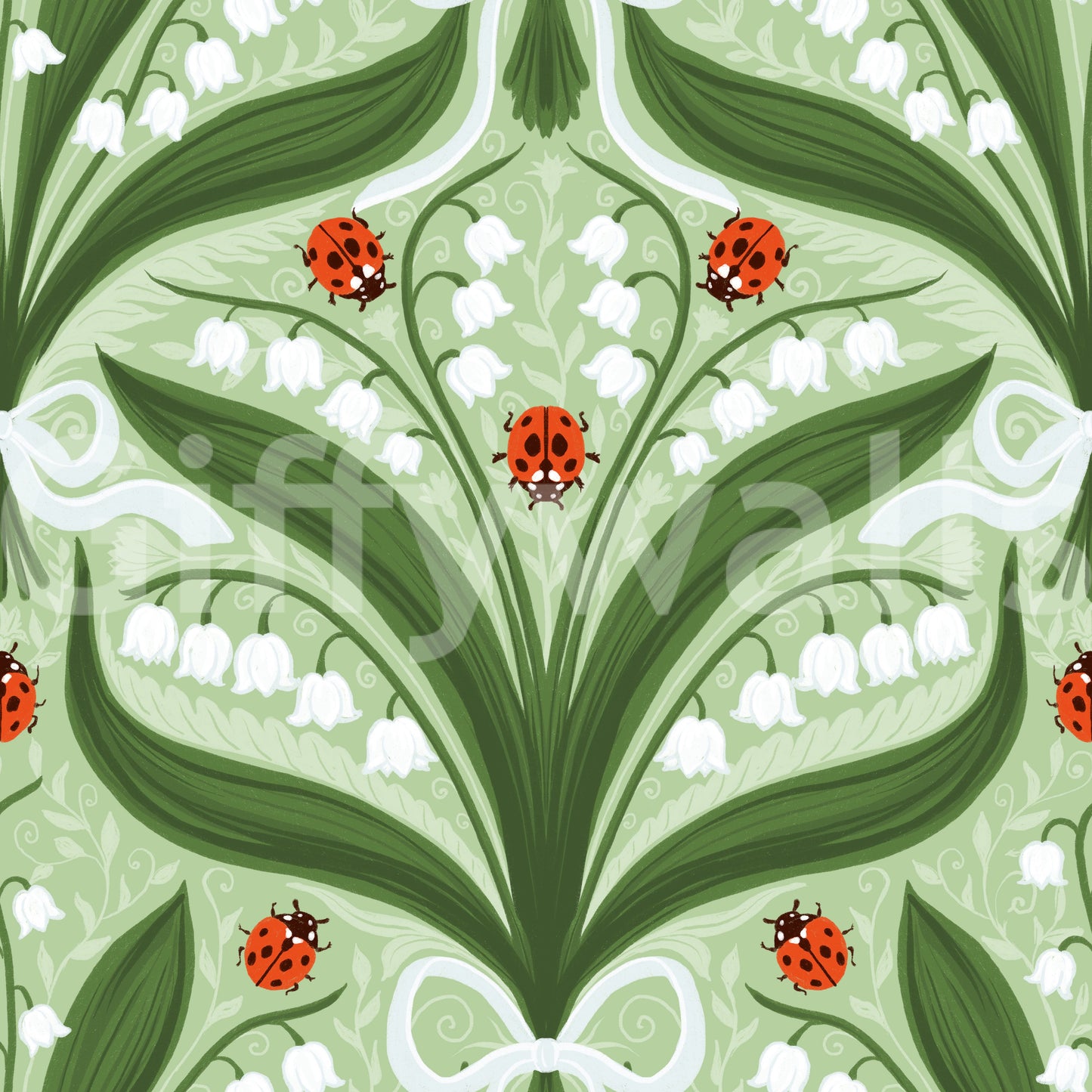 A small white bow ties each bouquet at the base of this lily and ladybug wallpaper.