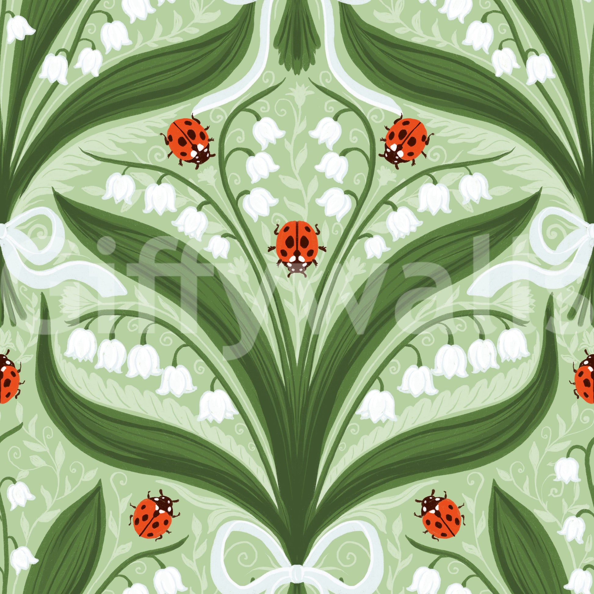 A small white bow ties each bouquet at the base of this lily and ladybug wallpaper.