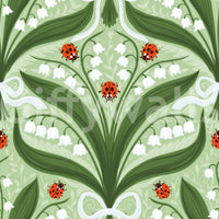 A small white bow ties each bouquet at the base of this lily and ladybug wallpaper.