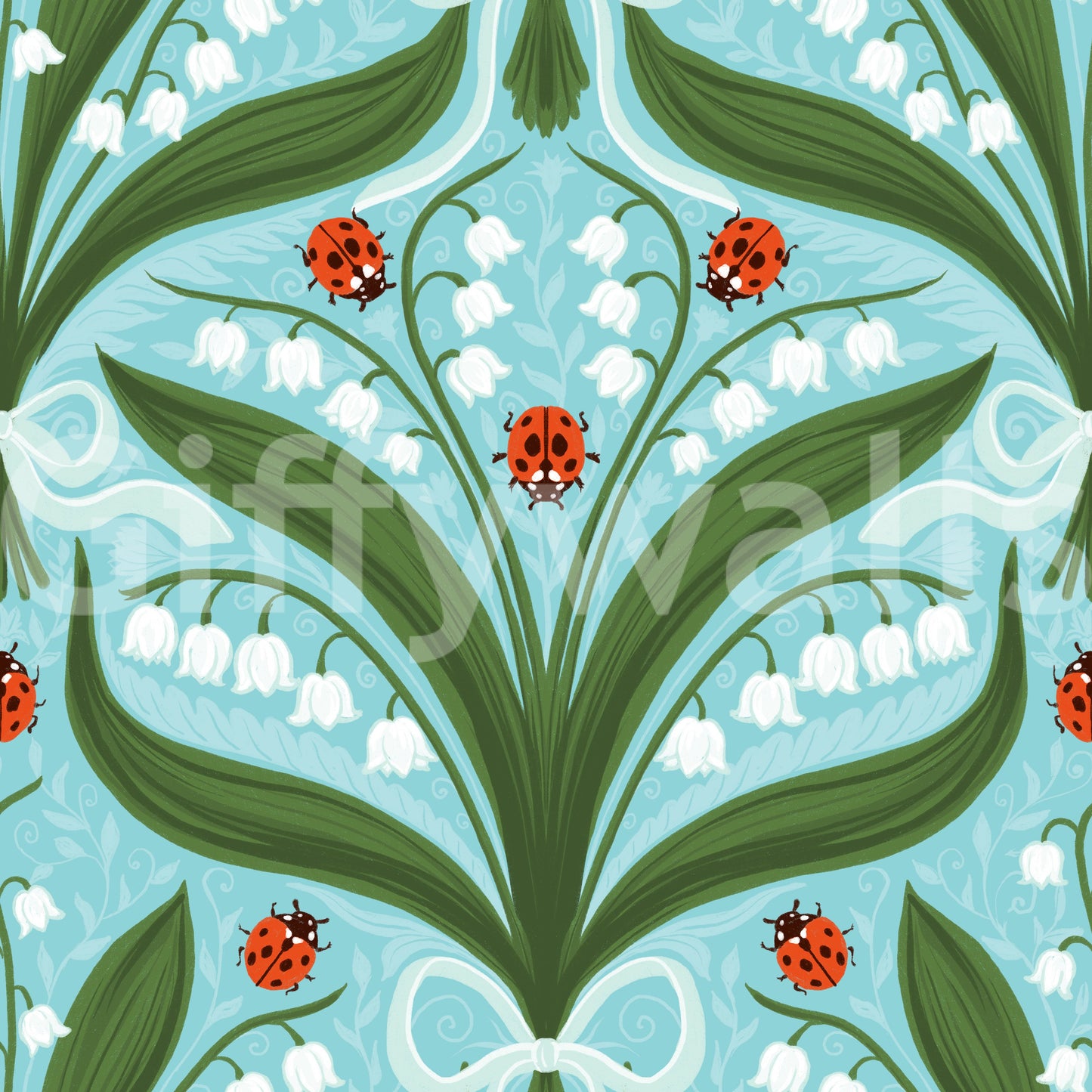 A light blue background keeps white flowers and red ladybugs crisp in this lily wallpaper., GD9681