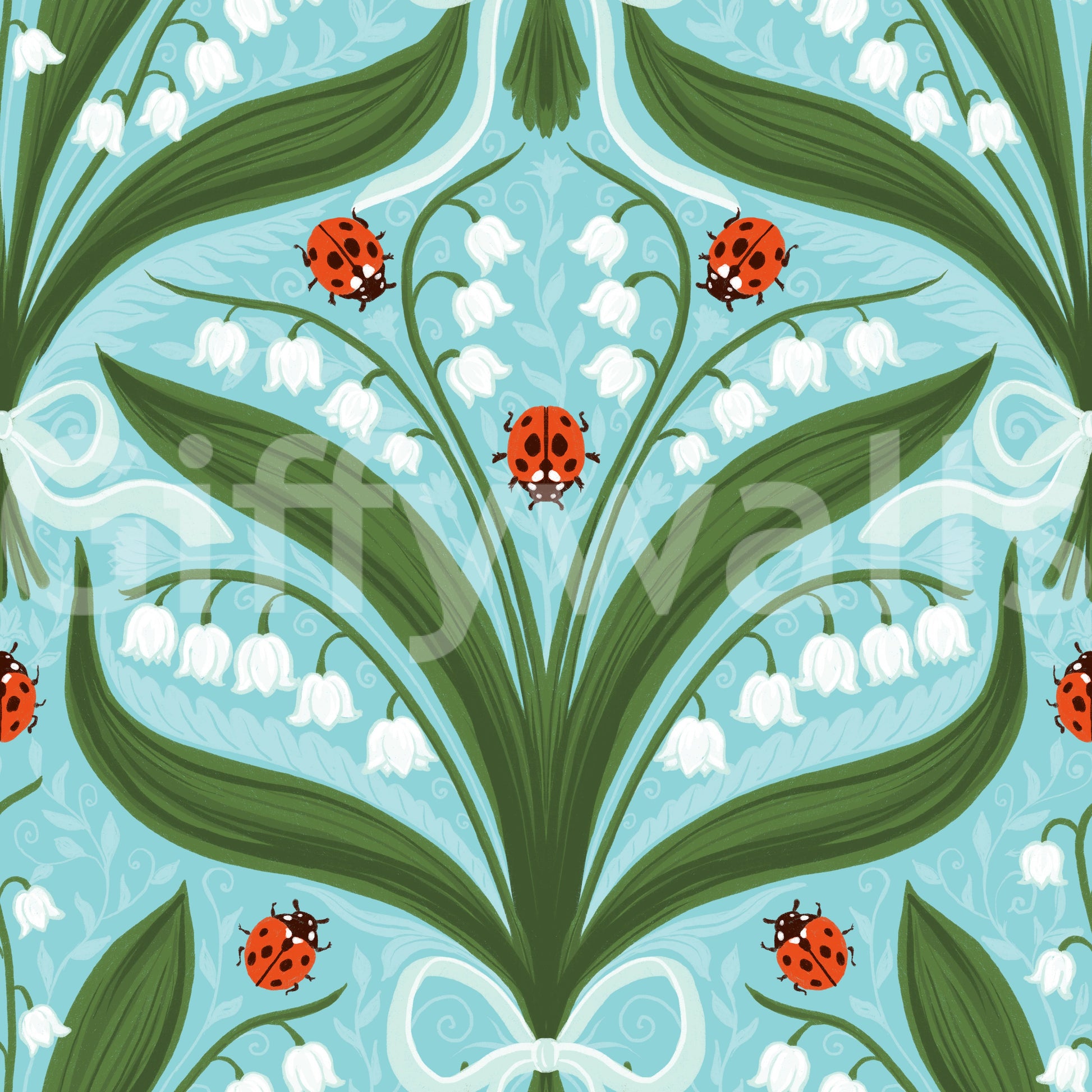 A light blue background keeps white flowers and red ladybugs crisp in this lily wallpaper., GD9681
