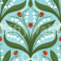 A light blue background keeps white flowers and red ladybugs crisp in this lily wallpaper., GD9681