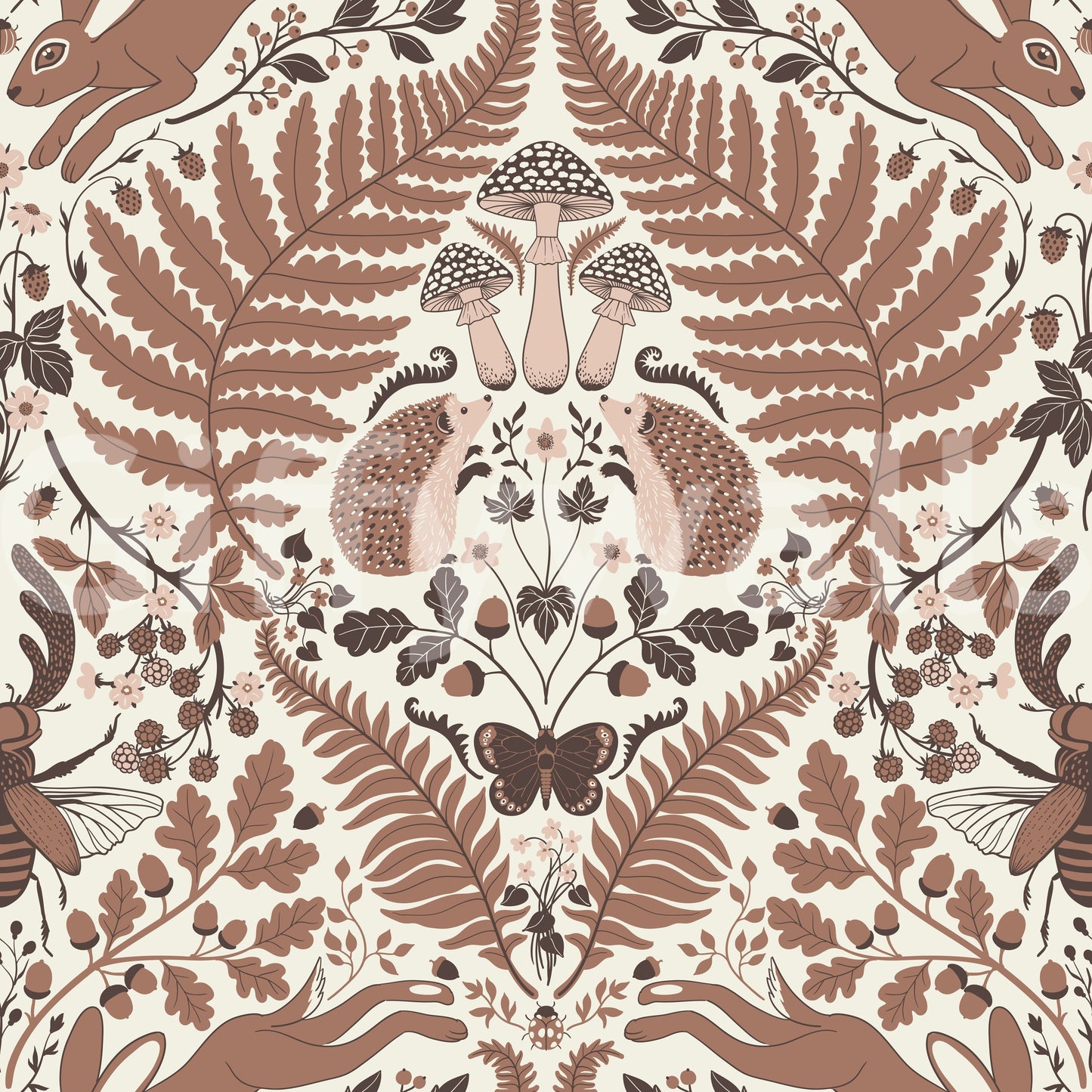 A brown butterfly anchors the lower middle of this mocha mousse fern wallpaper., GD9682