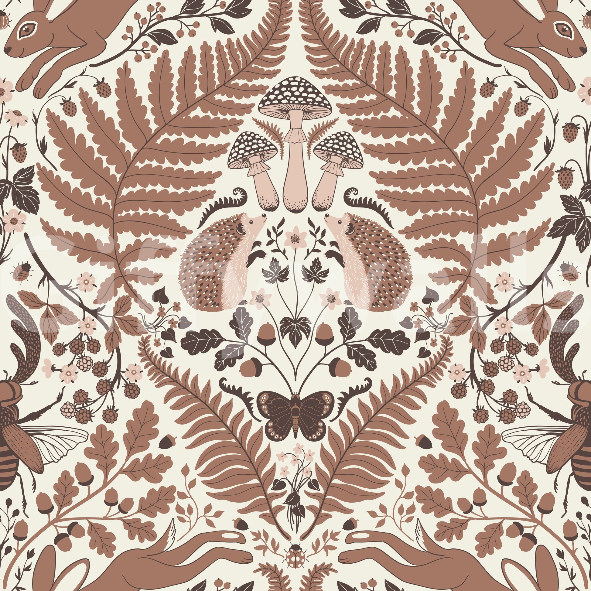 A brown butterfly anchors the lower middle of this mocha mousse fern wallpaper., GD9682